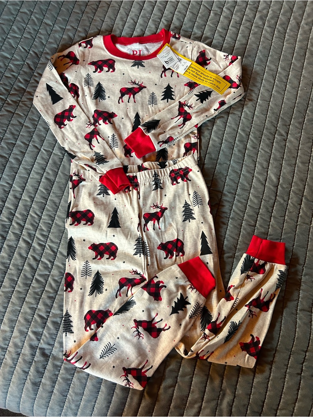 The Children's Place Red & Cream Buffalo Plaid Moose and Bear Pajama Set
